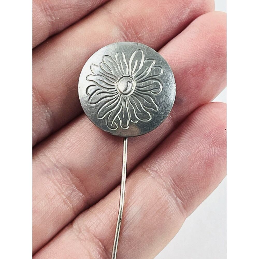 Vintage Pewter Stick Pin Flower Signed Kirk Pewter Sunflower 917-4 Etched Boho L